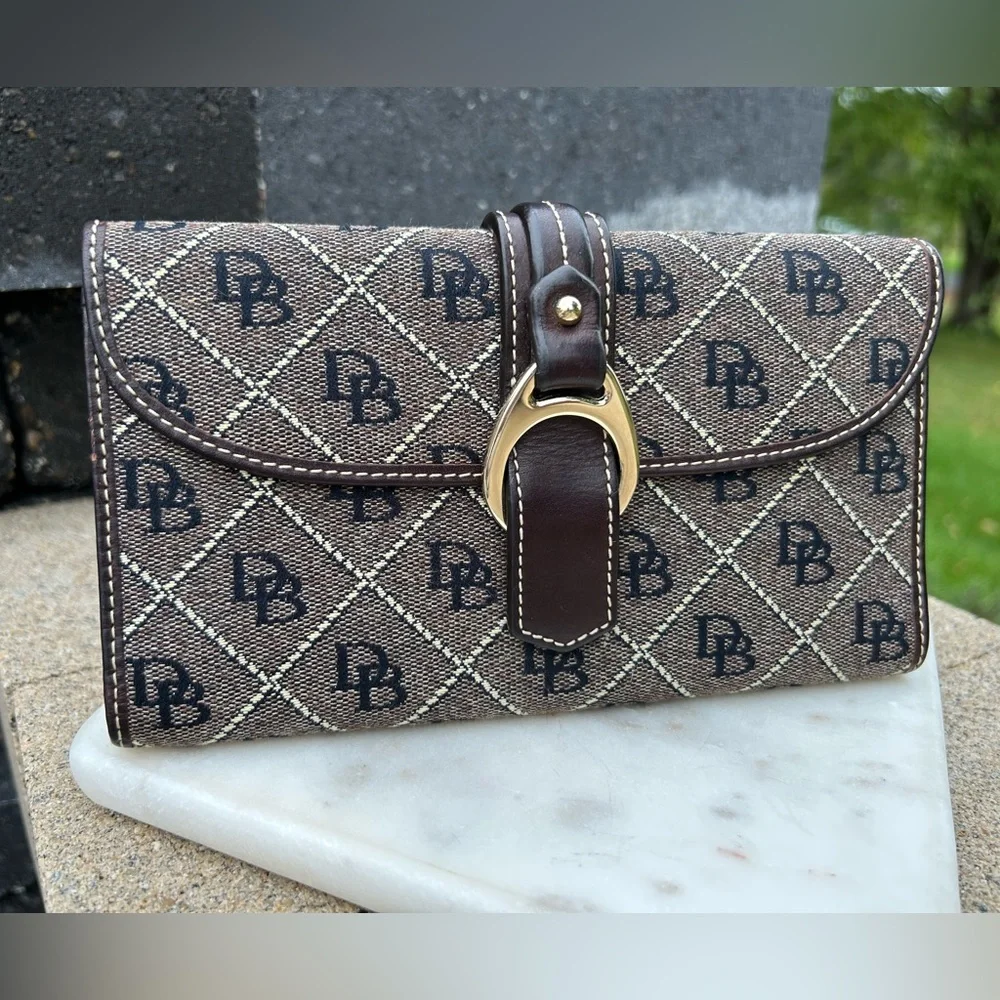 Vintage Dooney & Bourke Brown Monogram Clutch Wallet with Brass Hardware